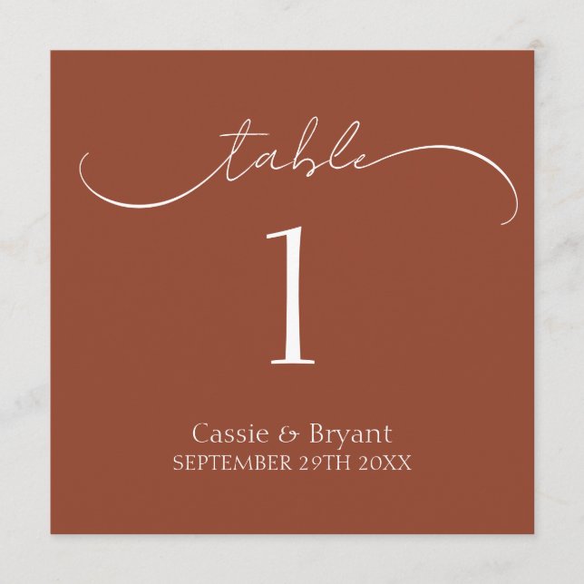 Simple Terracotta Script Wedding Table Number (Front)