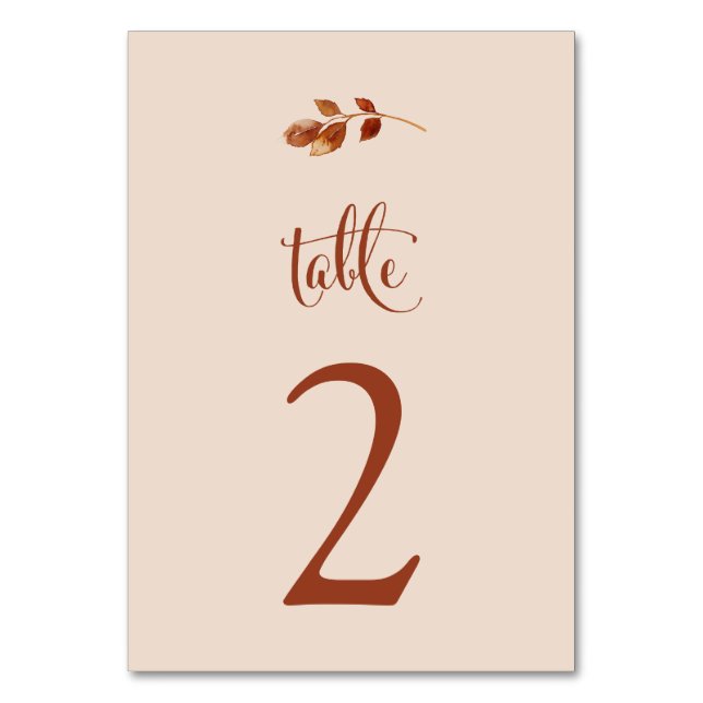 Simple Terracotta Taupe Fall Leaves Boho Wedding Table Number (Front)