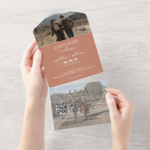 Simple Terracotta Trendy QR Code RSVP Wedding All In One Invitation