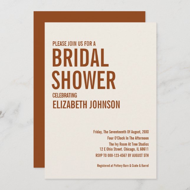 Simple Terracotta Typography Bridal Shower Invitation (Front/Back)