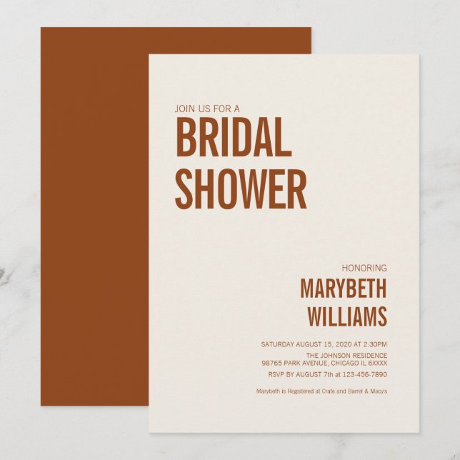 Simple Terracotta Typography Bridal Shower Invitation (Front/Back)