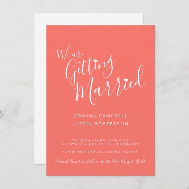 Simple text and heart coral white wedding invites (Front/Back)