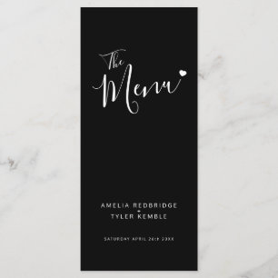 Simple text black with white heart wedding menus