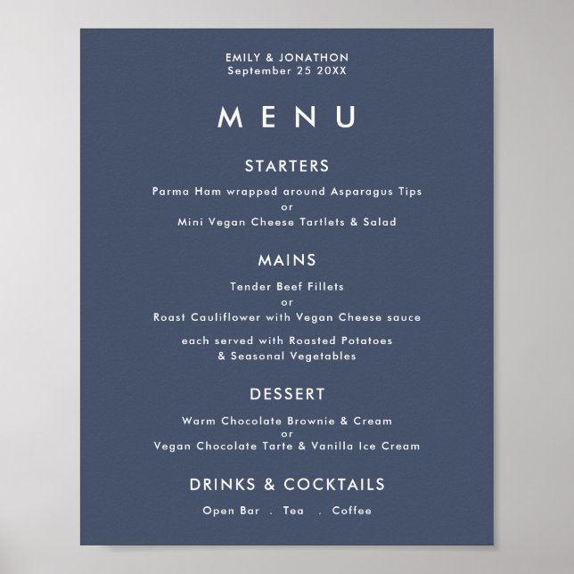 Simple Text Dusty Navy Blue Wedding Menu Poster (Front)