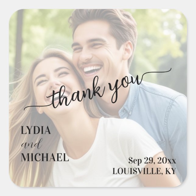 Simple Text Overlay Photo Wedding Square Sticker (Front)