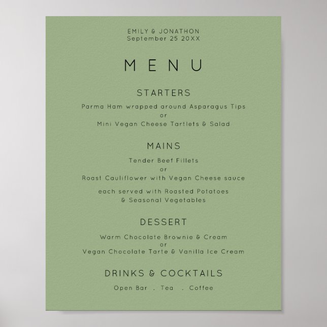 Simple Text Sage Green Wedding Menu Poster (Front)