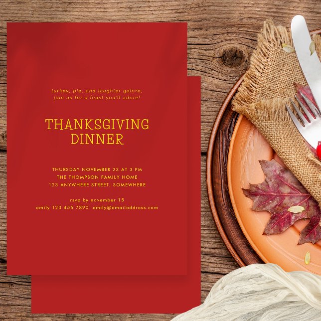 Simple Text Thanksgiving Dinner Gold Red Invitation (Available digitally and printed)