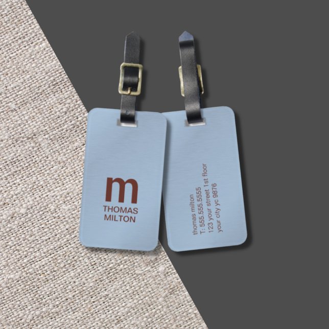 Simple Texture Blue Brown Monogram Luggage Tag (Creator Uploaded)
