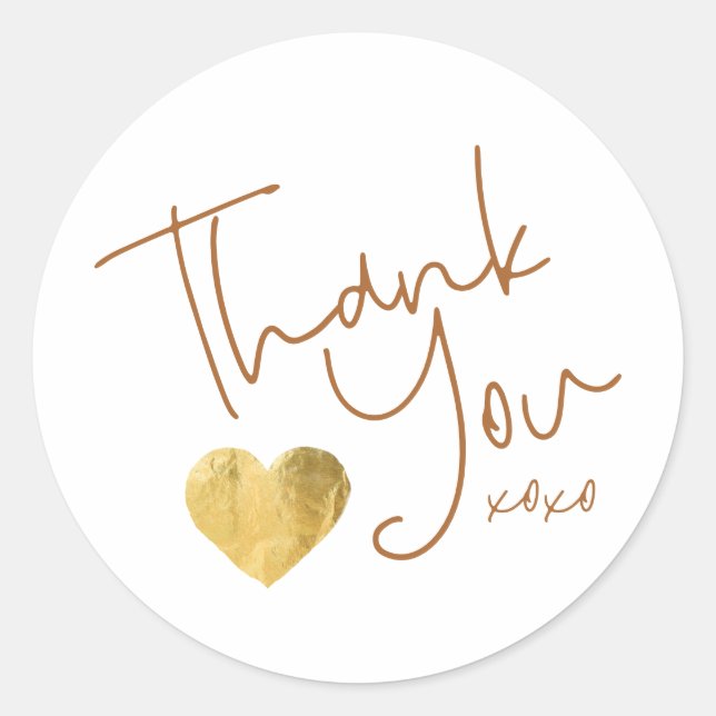 Simple Thank You Copper + Gold Heart Hand Written Classic Round Sticker (Front)