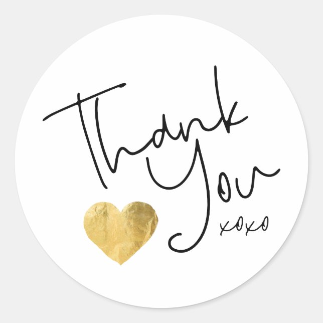 Simple Thank You Gold Heart Hand Written Classic Round Sticker (Front)