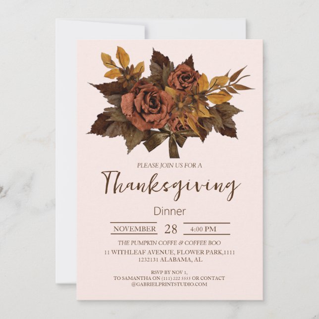 Simple Thanksgiving Dinner watercolor flower fall Invitation (Front)