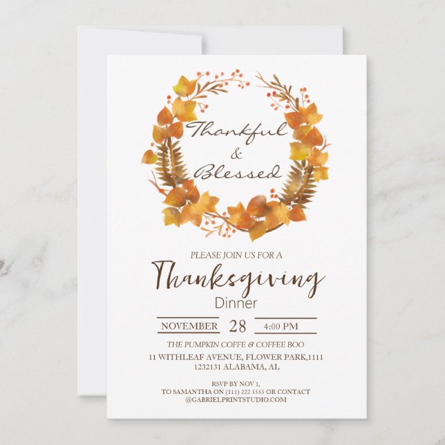 Simple Thanksgiving Dinner watercolor Leaves fall Invitation (Front)