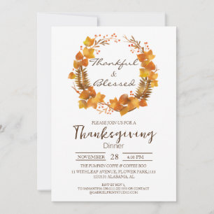 Simple Thanksgiving Dinner watercolor Leaves fall Invitation