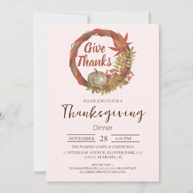 Simple Thanksgiving Dinner watercolor Pumpkin Fall Invitation (Front)