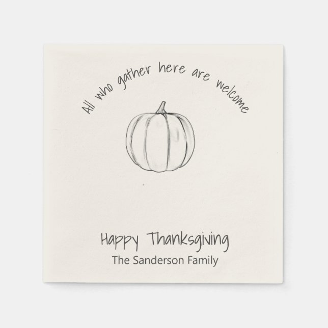 Simple Thanksgiving Pumpkin All Who Gather Napkin (Front)