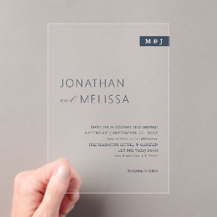 Simple Thin Navy Blue Typography Monogram Wedding Acrylic Invitations