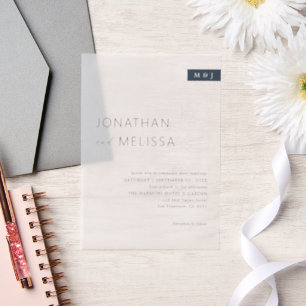 Simple Thin Navy Blue Typography Monogram Wedding Vellum Invitations