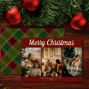Simple Three Photo Collage Plaid Merry Christmas