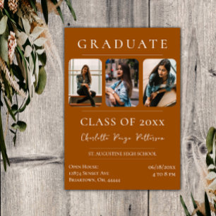 Simple Three Photo Graduation   Burnt Orange Invitation