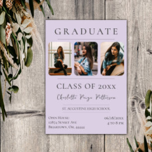 Simple Three Photo Graduation   Lavender Invitation
