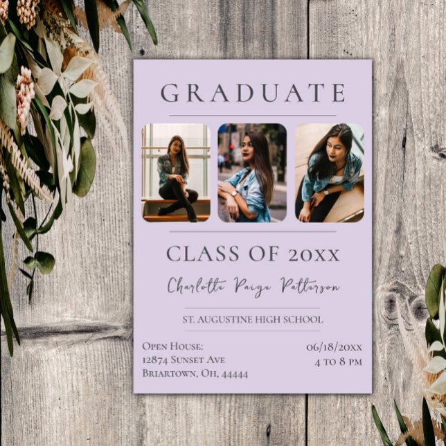 Simple Three Photo Graduation | Lavender Invitation (Lavender Simple Three Photo Graduation Invitation)