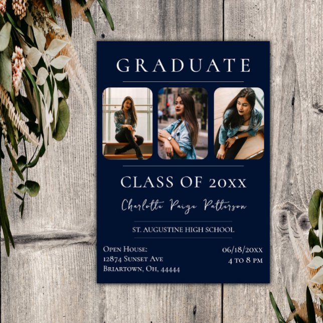 Simple Three Photo Graduation | Navy Blue Invitation (Navy Blue Simple Three Photo Graduation Invitation)
