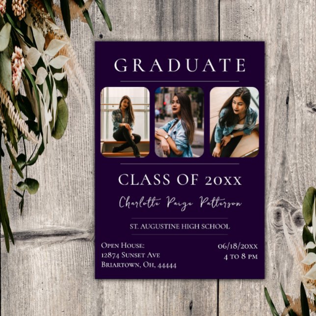 Simple Three Photo Graduation | Purple Invitation (Purple Simple Three Photo Graduation Invitation)