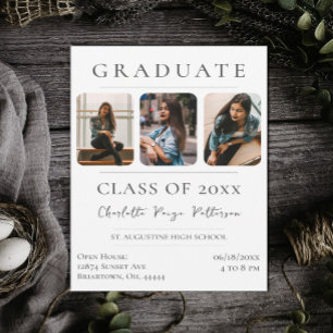Simple Three Photo Graduation   White Invitation