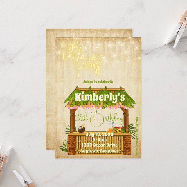 Simple Tiki Bar Birthday Invitation (Front/Back In Situ)