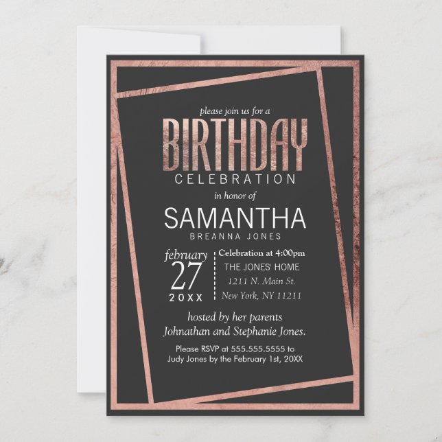 Simple Tilted Rose Gold Border Black Chic Birthday Invitation (Front)