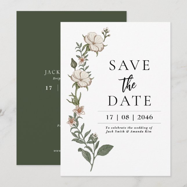Simple Timeless Flower Wedding save the date cards (Front/Back)