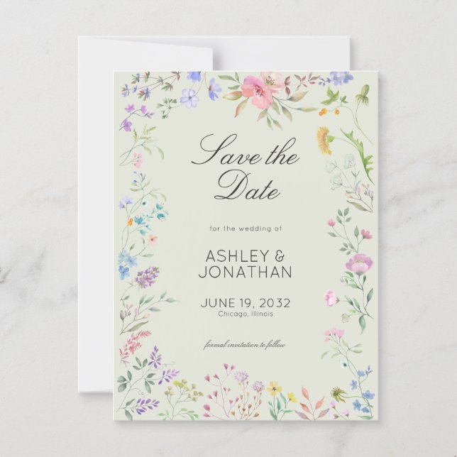Simple, Timeless Wildflower Sage Green Wedding Magnetic Invitation (Front)
