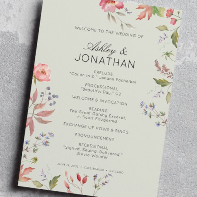 Simple, Timeless Wildflower Sage Green Wedding Programme (Creator Uploaded)