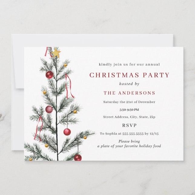 Simple Traditional Tree Christmas Party Invitation (Front)