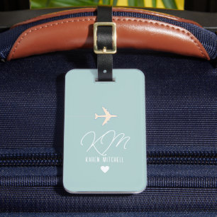 Simple Traveller Monogram Aeroplane light-blue Luggage Tag