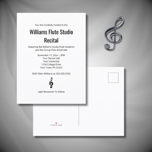 Simple Treble Clef Flute Music Recital Concert Invitation Postcard (Creator Uploaded)