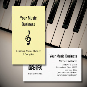 Simple Treble Clef Music Lessons QR code Yellow Business Card