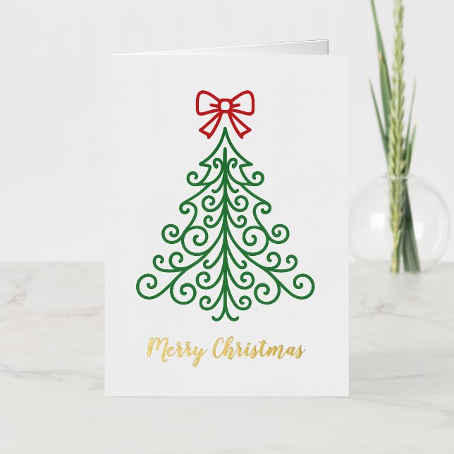 Simple Tree with Bow Modern Christmas Foil Holiday Card (Front)
