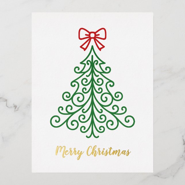 Simple Tree with Bow Modern Christmas Foil Holiday Postcard (Front)