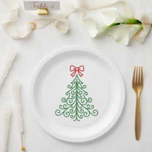 Simple Tree with Bow Modern Christmas Paper Plate