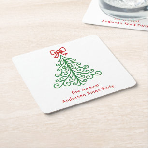 Simple Tree with Bow Modern Christmas Square Paper Coaster