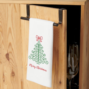Simple Tree with Bow Modern Christmas Tea Towel