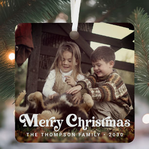 Simple Trendy Retro Typography Photo Christmas Metal Tree Decoration