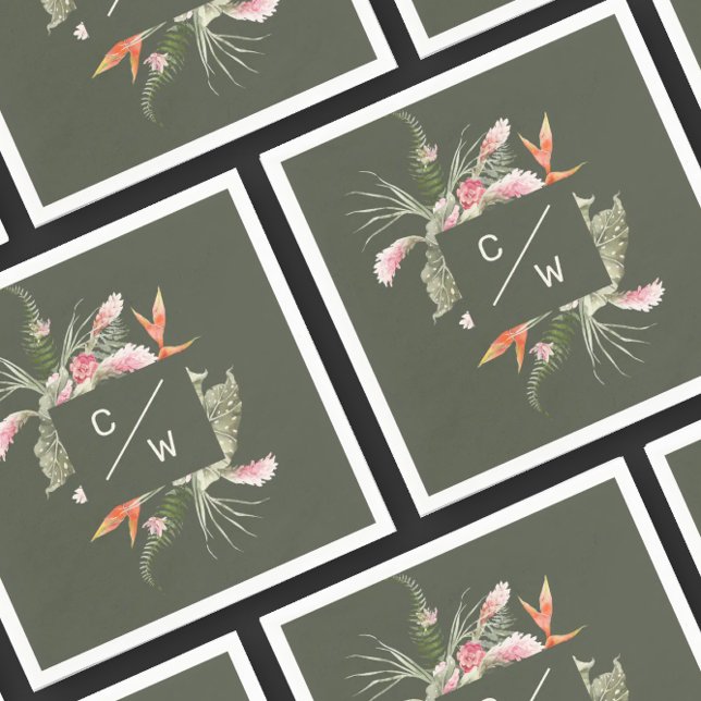 Simple Tropical floral Monogram Gree Wedding Paper Napkin (Creator Uploaded)