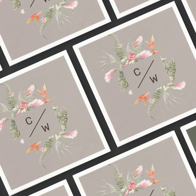 Simple Tropical Floral Monogram Taup Wedding Paper Napkin (Creator Uploaded)