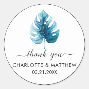 Simple Tropical Monstera Leaf Wedding Thank You Classic Round Sticker