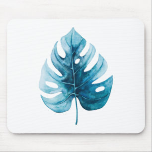 Simple Tropical Watercolor Blue Leaf Mouse Pad