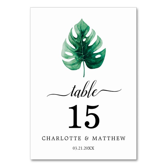Simple Tropical Watercolor Botanical Green Wedding Table Number (Front)