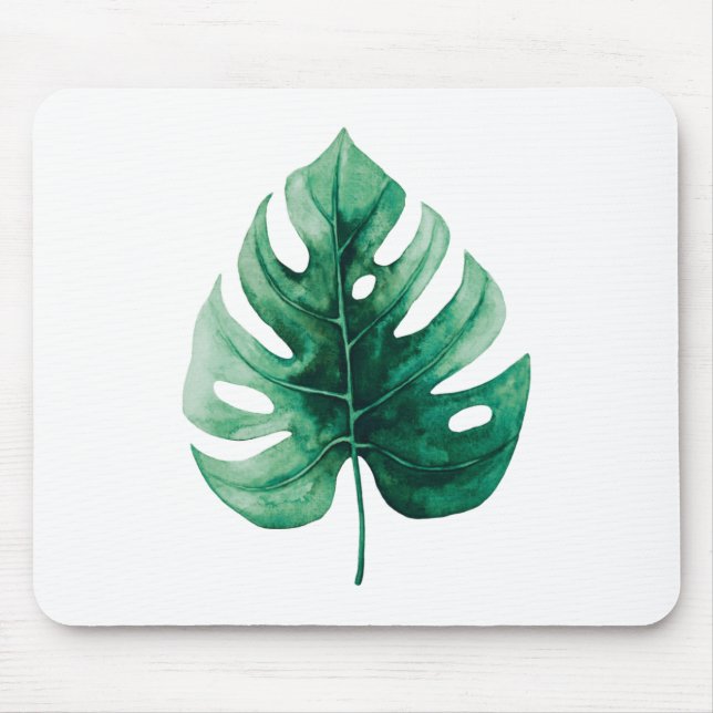 Simple Tropical Watercolor Green Leaf Mouse Pad (Front)