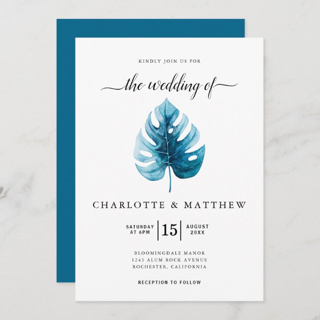 Simple Tropical Watercolor Monstera Leaf Wedding Invitation (Front/Back)